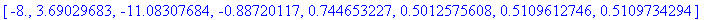 [-8., 3.69029683, -11.08307684, -.88720117, .744653227, .5012575608, .5109612746, .5109734294]